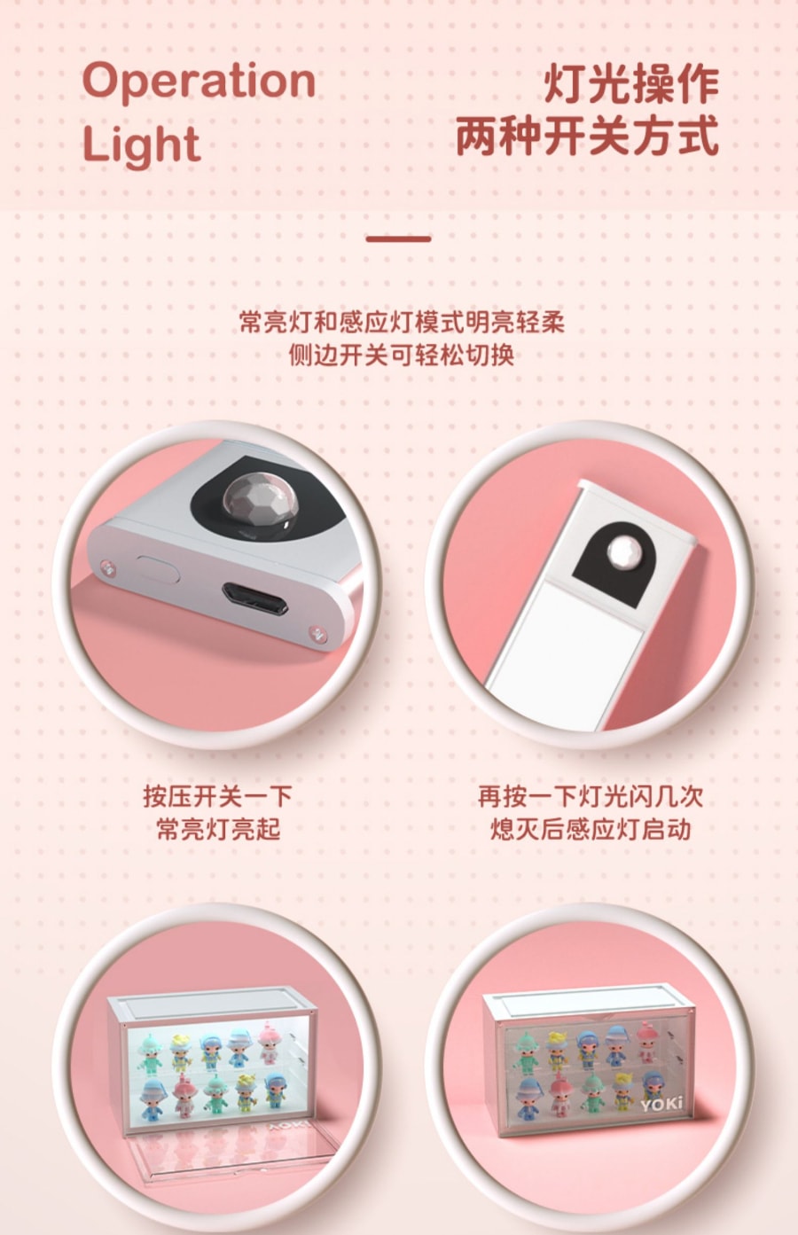 YOKI LED燈盲盒手辦潮玩收納盒 泡泡瑪特展示盒 防塵盒 黃色 1個