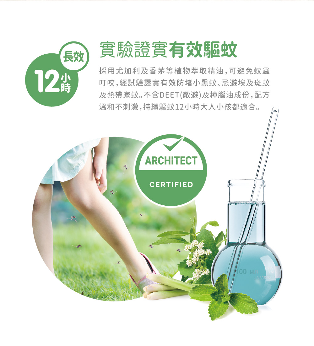 及熱帶家蚊不含DEET敵避及樟腦油成份,配方