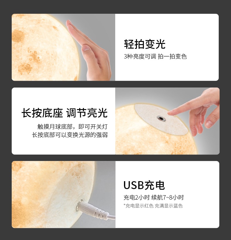 【中國直郵】小熊擺件臥室牀頭月球燈 小夜燈 桌面裝飾 生日搬家禮物喬遷禮品 三色變光 趴趴熊 1個