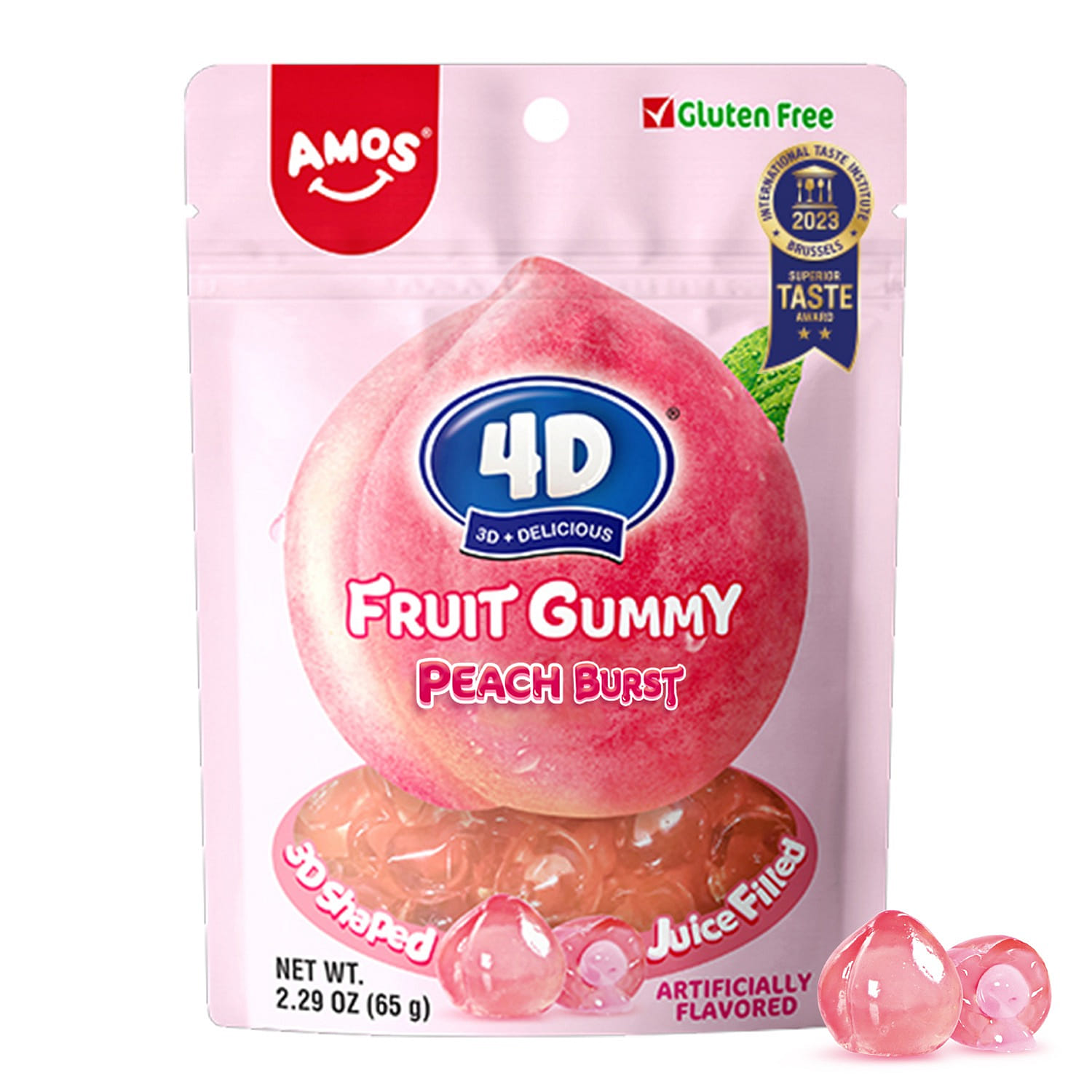 Amos 4D Fruit Gummy Peach Burst, Fruity Snacks Jelly Filled Gummies Candy 2.29 온스