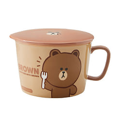 LINE FRIENDS Ceramic One Handle Noodle Bowl with Lid BROWN Model 1 each