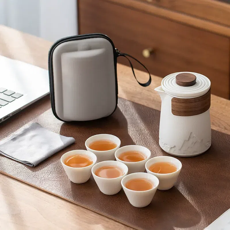 峻山竹 旅行茶具套裝 茶水分離便攜 一壺六杯 白色 1 盒
