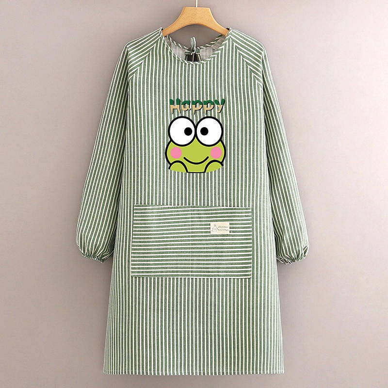 Long Sleeve Apron Fashionable Cotton Linen Wearable Striped Frog Model 1 개입