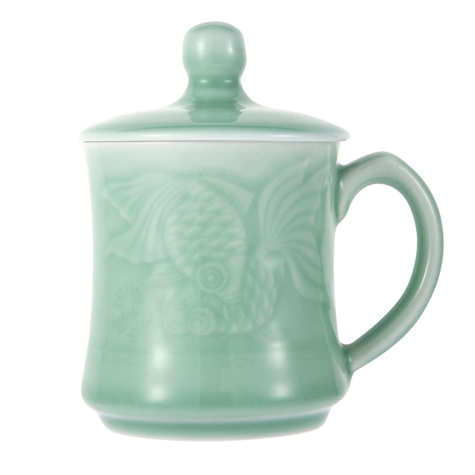 Celadon Teacup Coffee Mug Milk Cup Pisces Pattern Cup with Lid 13oz Plum Green 1 ส่วน