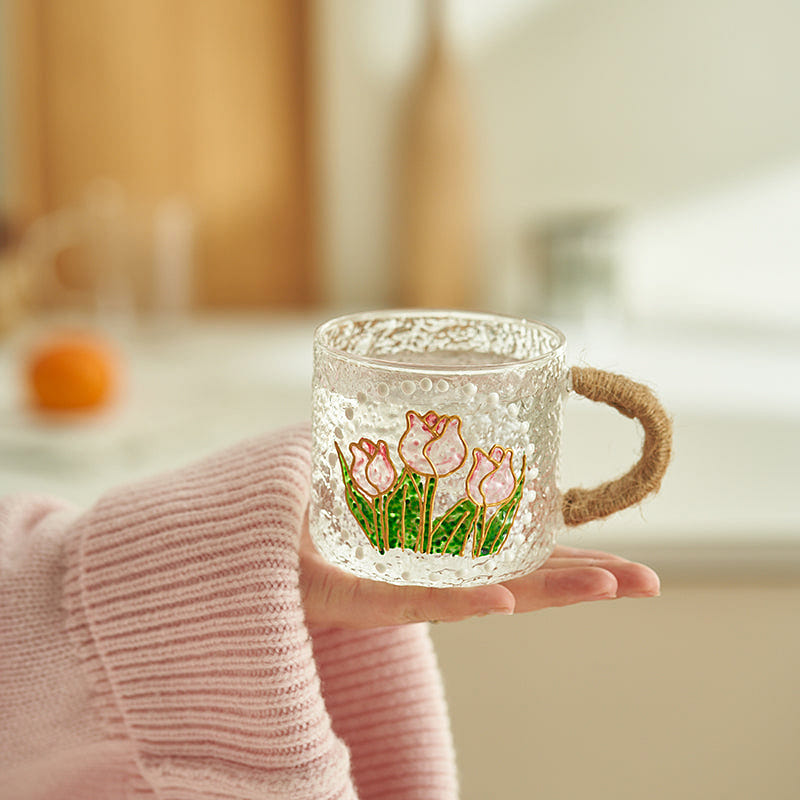 Beautiful Hand-painted Floral Glass Mugs Water Bottles for Girls Set Tulips Mug 1 ส่วน