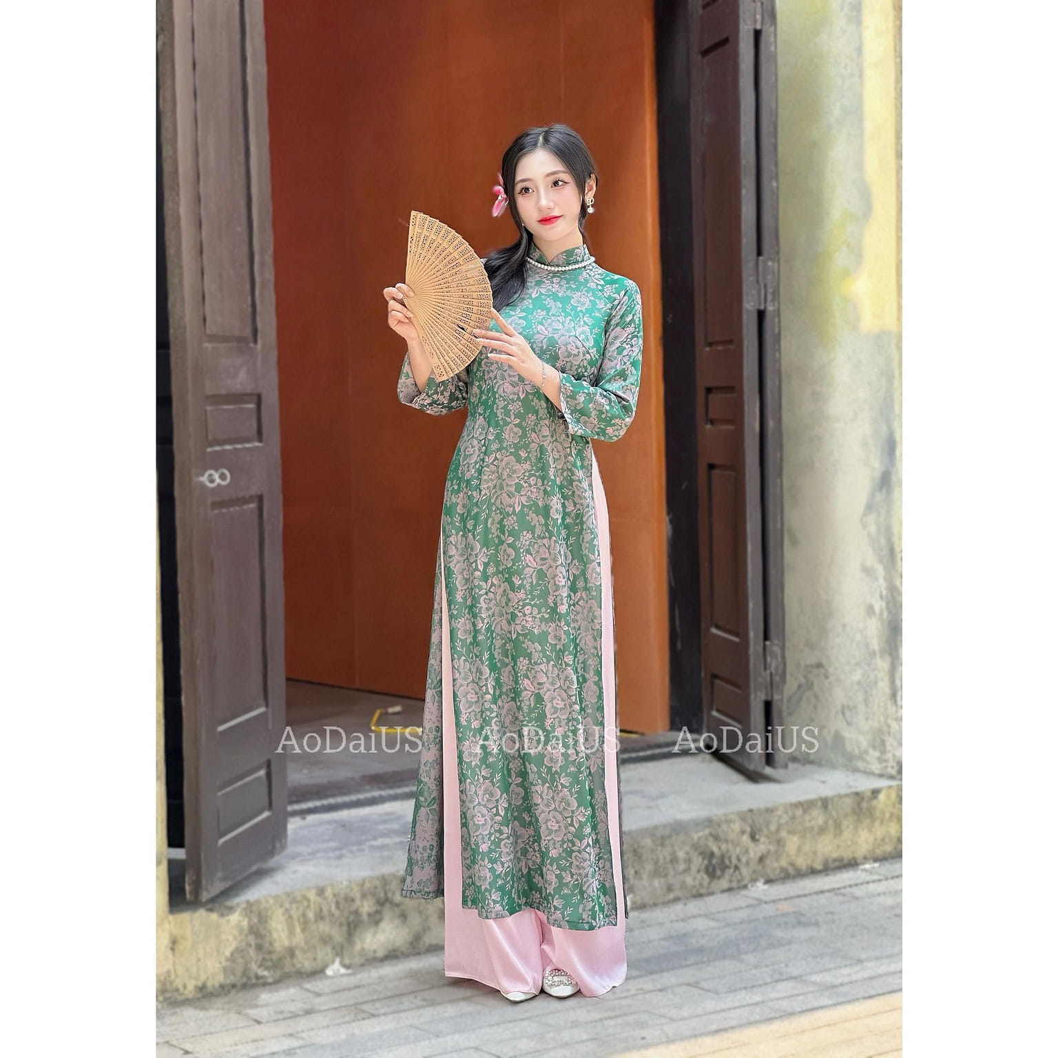 Green Floral Women Ao Dai Gam NO PANTS H15 9XL 1 개
