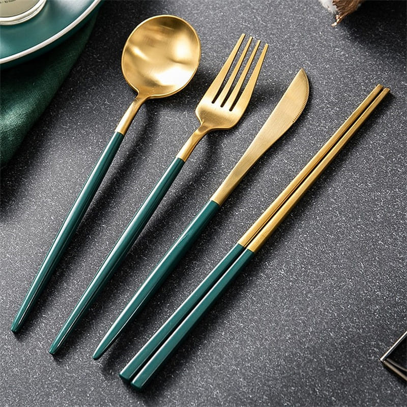 Western Food Set 304 Stainless Steel Knife, Fork, Spoon + Chopsticks 4pcs set 4 まとめて