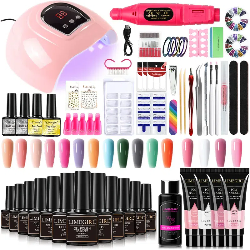 Limegirl 16 Colors Manicure Set with 54W UV LED Lamp 2Set Base Coat Top Coat and Nail Drill Machine Professional Poly Nails Gel Kit Soak-off Nail Art Tools Sets 1 개