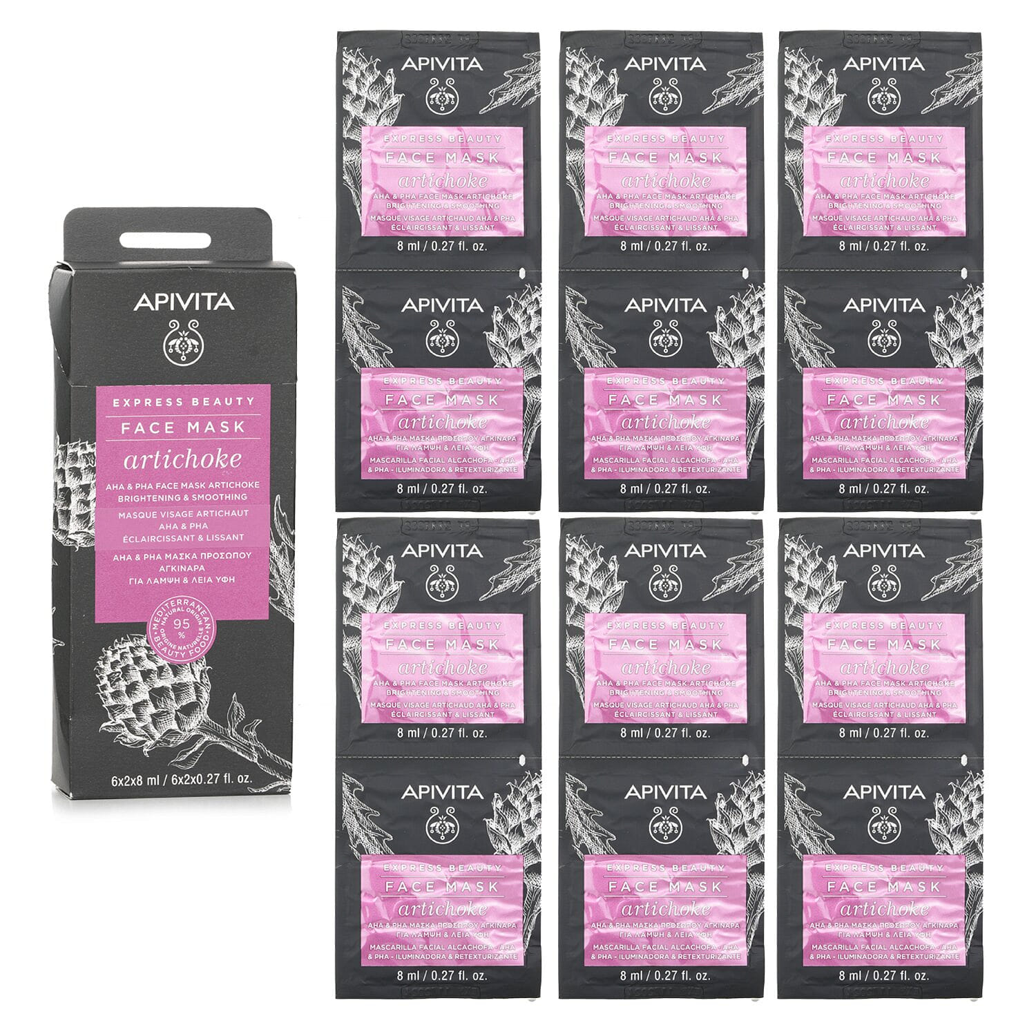Apivita Express Beauty Face Mask With Artichoke AHA &amp; PHA - Brightening &amp; Smoothing 6x(2x8ml) 6 มิลลิลิตร