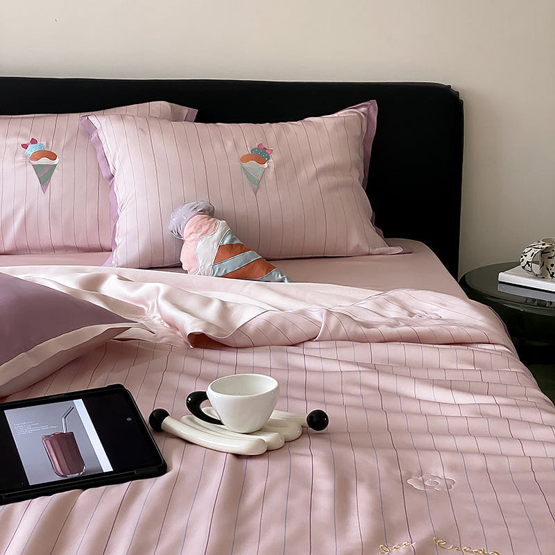 LULLABUY Serenity Stripe Tencel Quilt 4Pcs Set Ice Cream Pink Queen Size 2000 กรัม