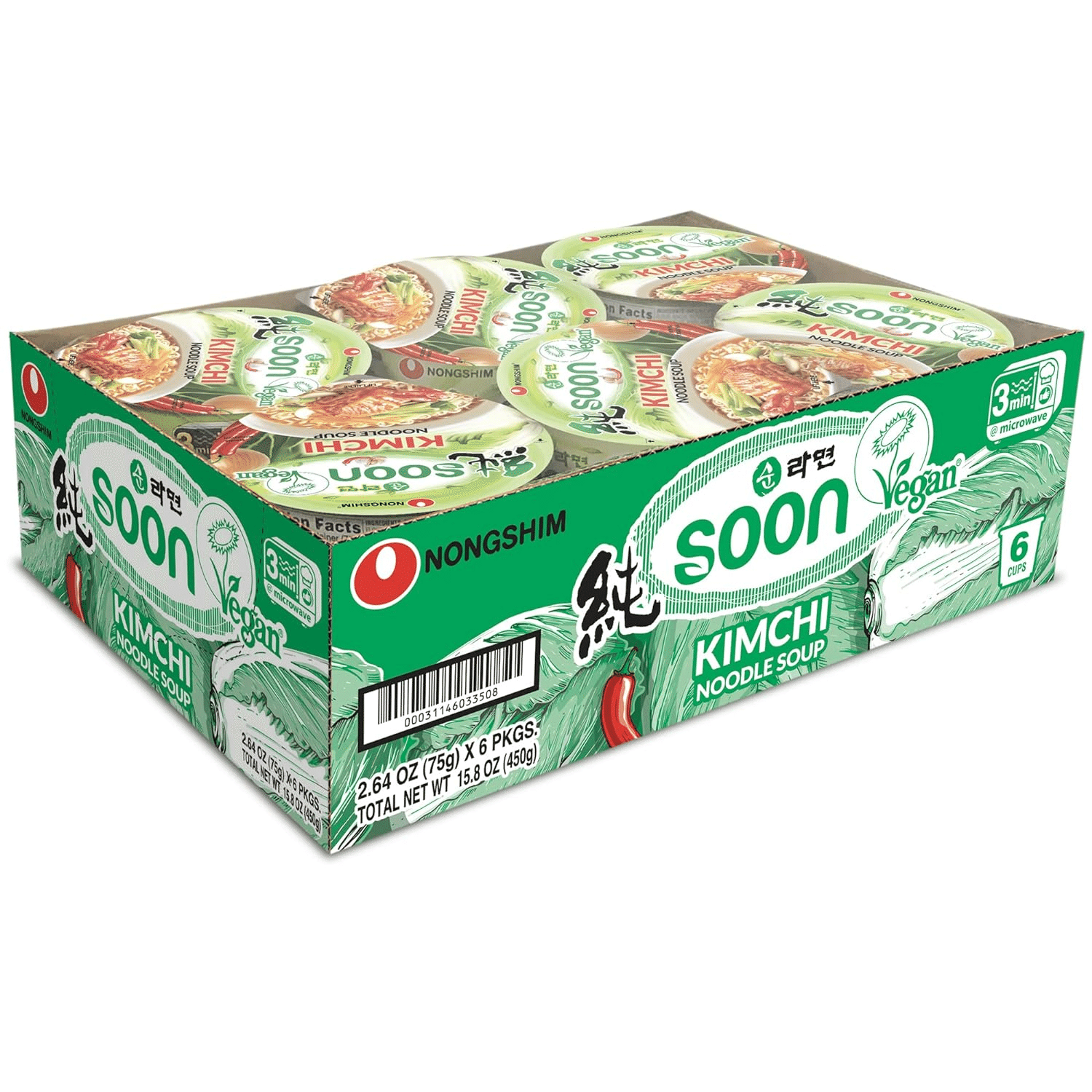 Nongshim Soon Kimchi Instant Vegan Ramen Noodle Soup Mix Real Kimchi Flakes 6pk 1 개