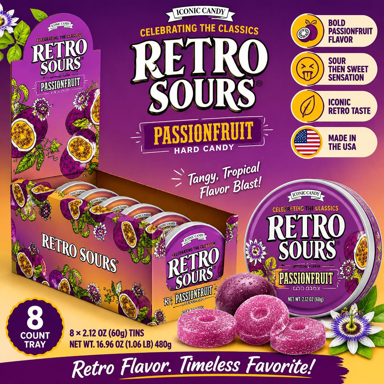 Retro Sours Passionfruit Hard Candy 2.12oz 8ct 1 each