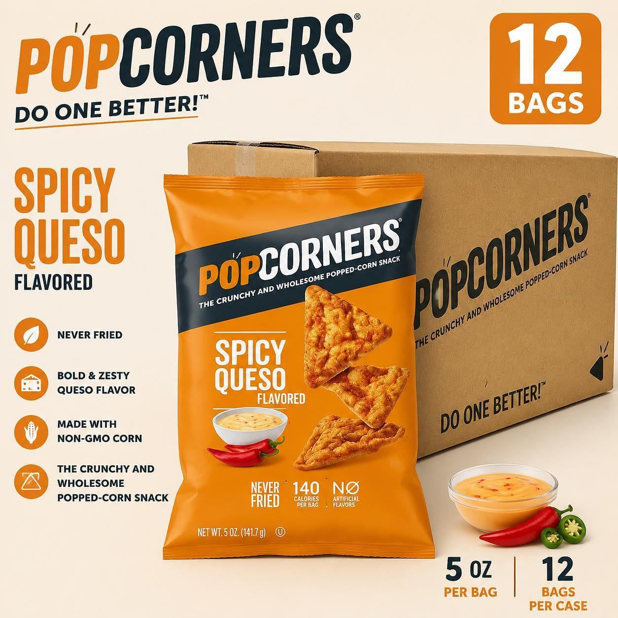 PopCorners Spicy Queso Popped Corn, 12 x 5 oz 1 each