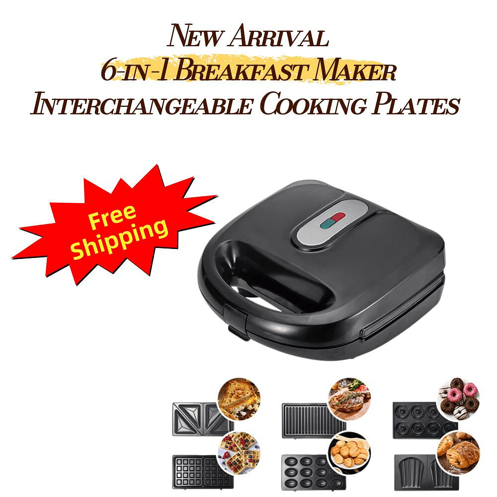 6in1 朝食メーカー 750W 交換式プレート付き ワッフル・ホットサンド・パニーニ・ドーナツ・マドレーヌ用 1 まとめて
