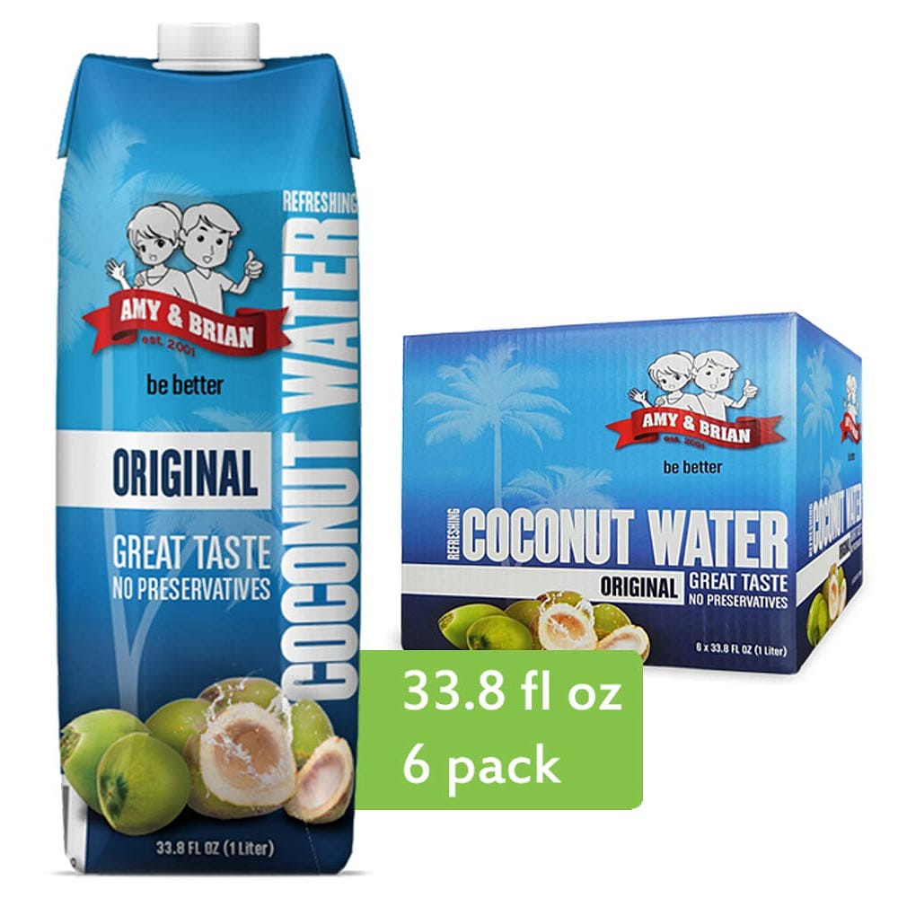 Amy & Brian Premium Coconut Water Original Non-GMO 6 x 33.8 Fl Oz (1L) 202.8 ออนซ์ของเหลว