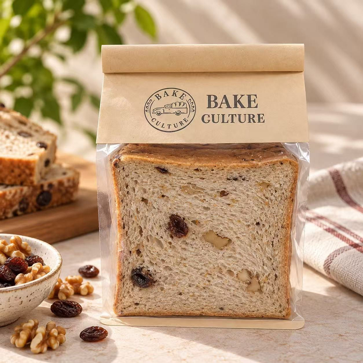 Bake Culture pan de molde integral con nueces y pasas 230 g
