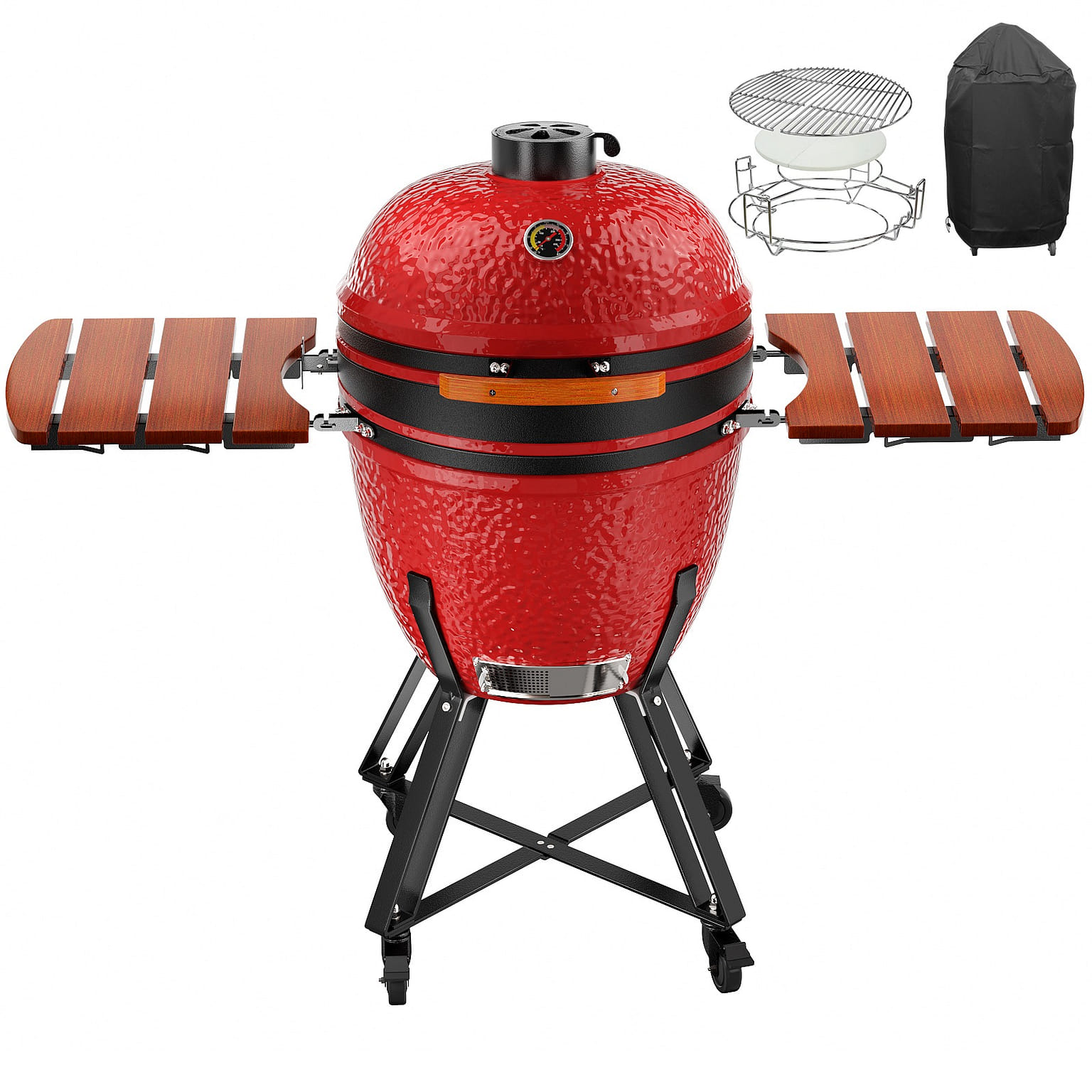 24in Red Portable Charcoal Grill with Side Shelves and Cover-2 PCS 1 อัน