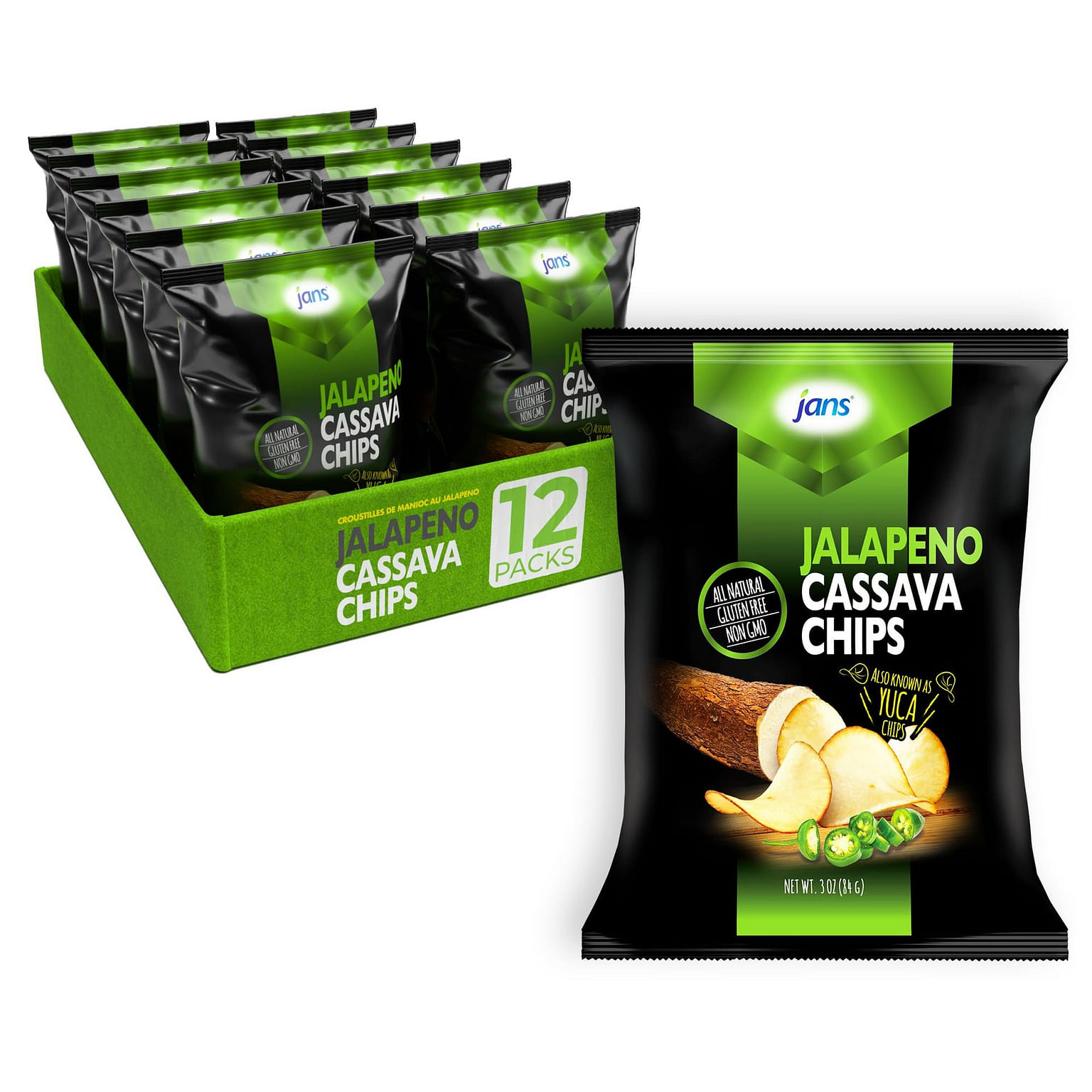 Jans Root Chips Jalapeno Cassava 3 Oz, Pack of 12 3 oz*12 pack