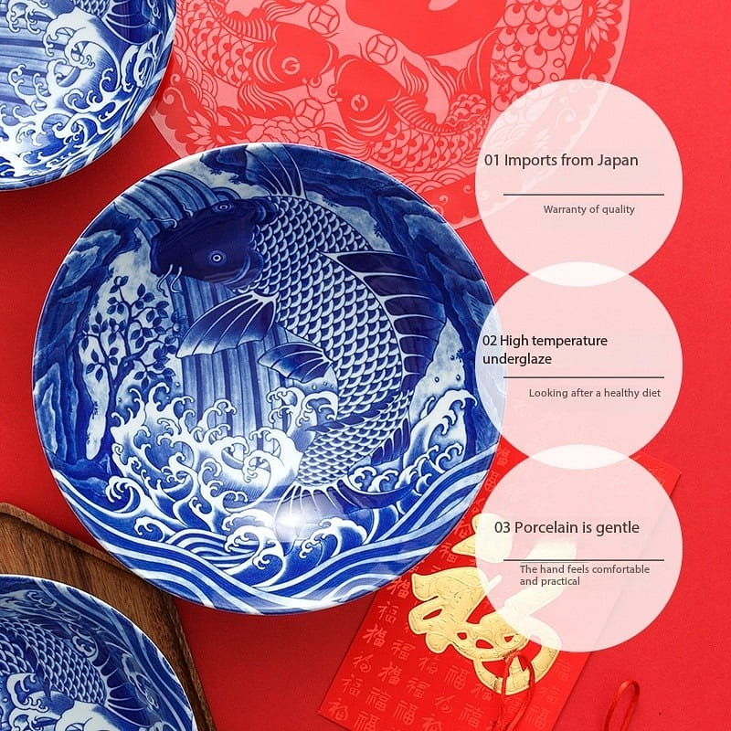 Blue and White Donburi Bowl Made in Japan - Koi 30 ออนซ์