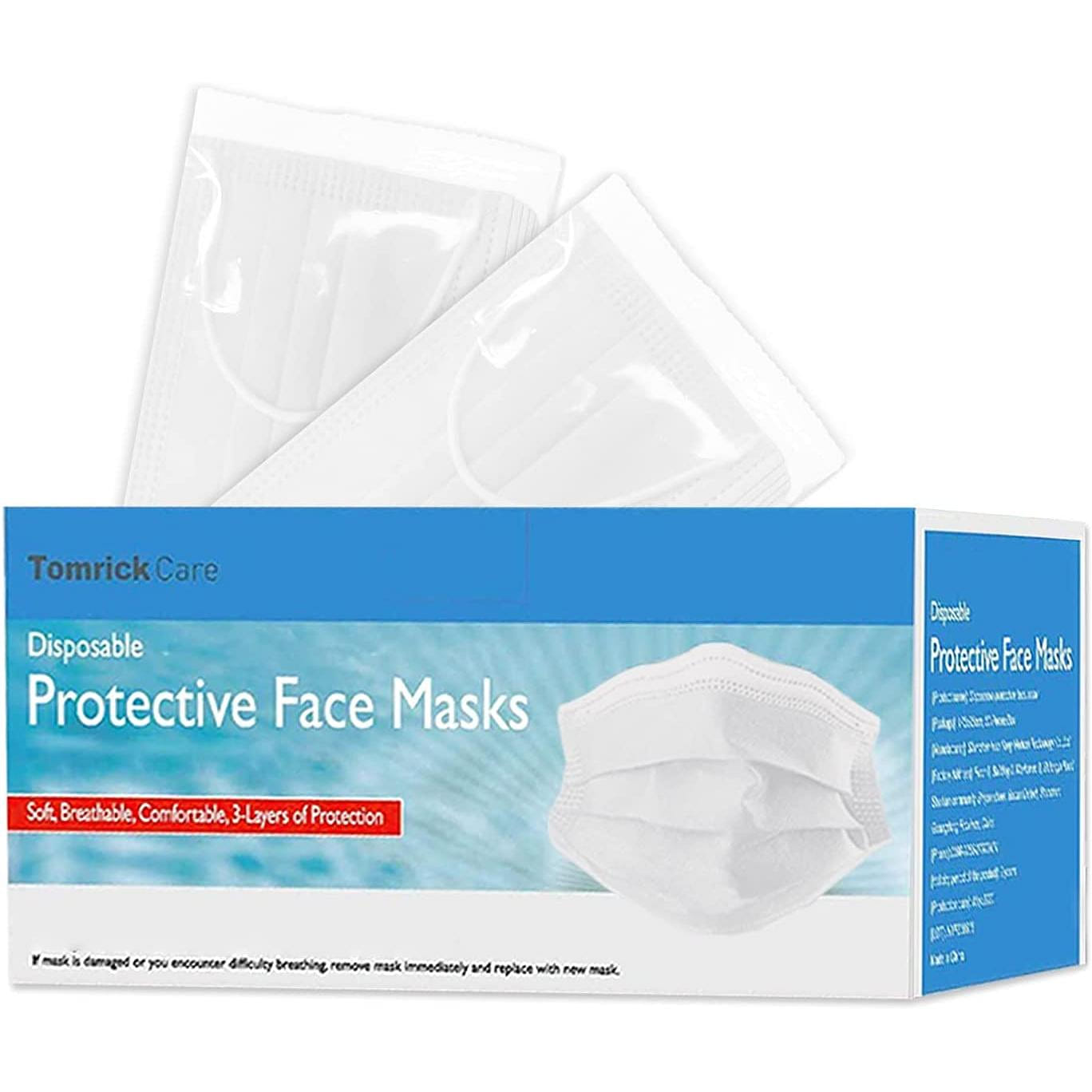 White Disposable Face Masks for Adults ,  3 Ply , Individually Wrapped 50 개입