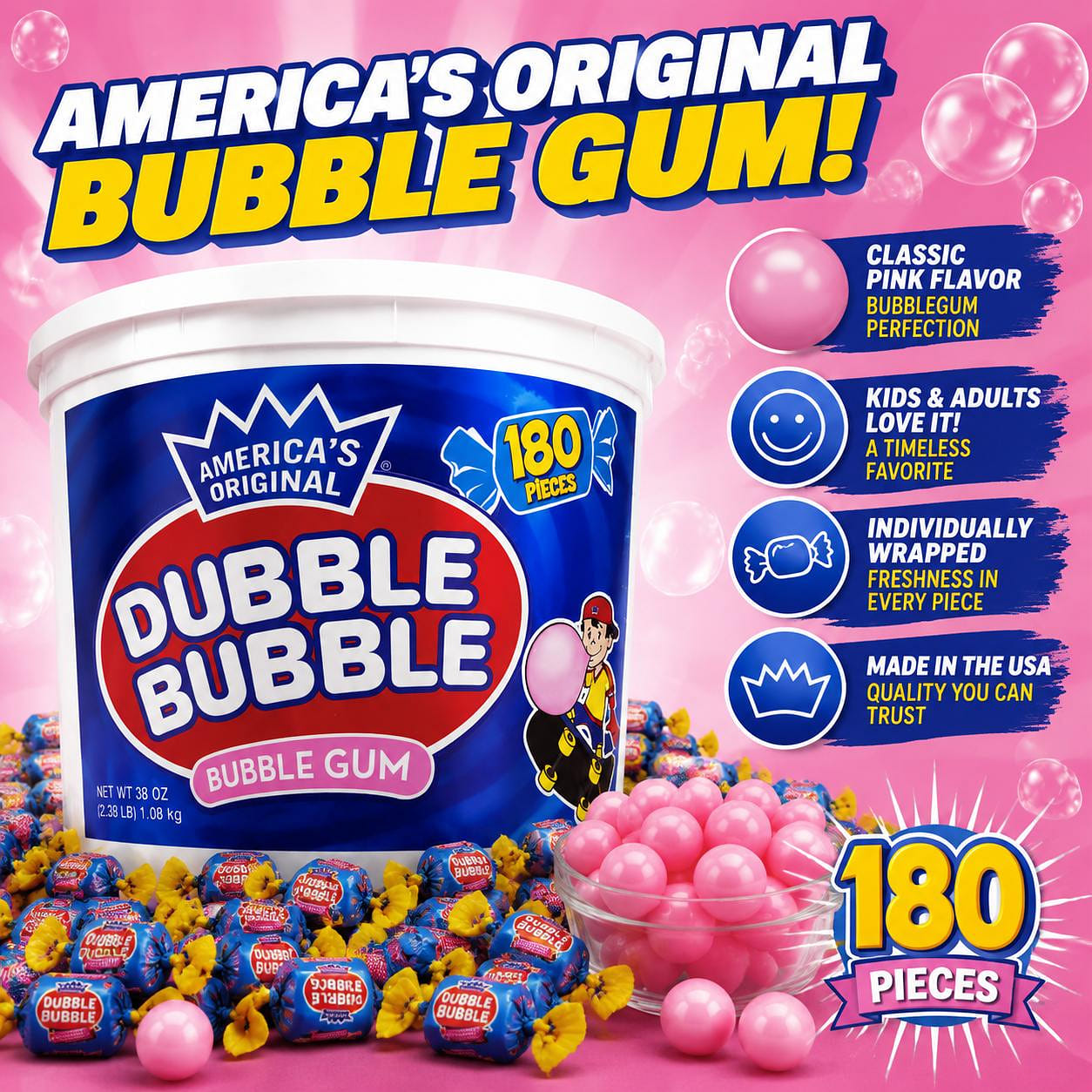 Dubble Bubble Original Gum 180pc Tub 1 each
