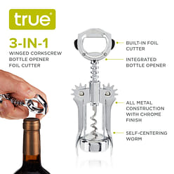 True Foil Cutting Winged Corkscrew with Built-In Foil Cutter and Bottle Opener, Metal Wine Key Self Centering Worm, Silver, Set of 1 1 份