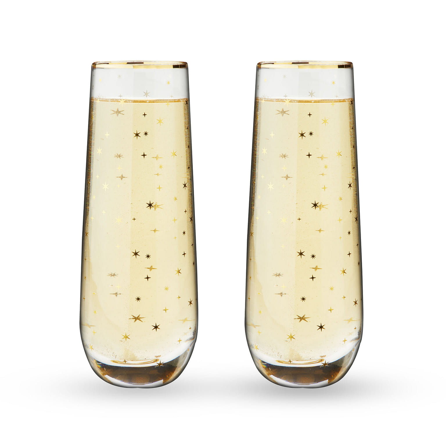 Twine Starlight Stemless Champagne Glasses, Set of 2 18 oz Festive Gold Rim Flutes, Decorative Barware 10 盎司