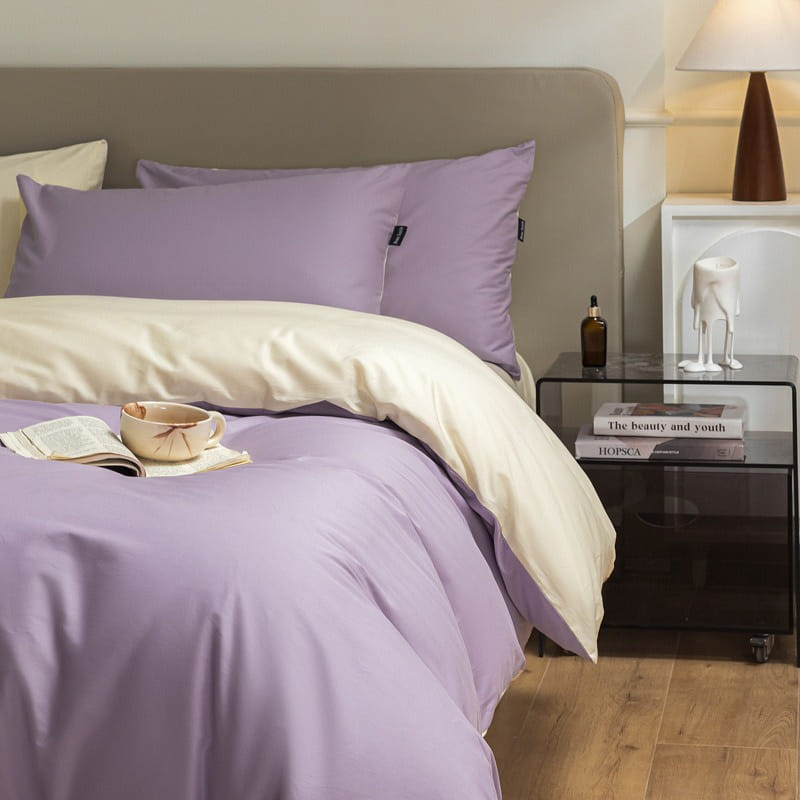 Bedding Set Queen Size Flat Sheetx1 Duvet Coverx1 Pillow Casex2 White+Purple 1 phần