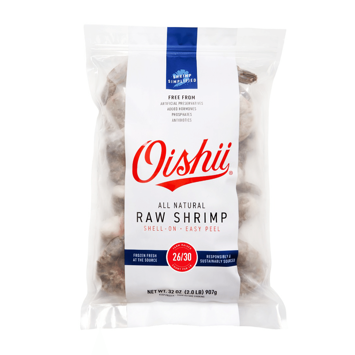 Oishii  全天然泰国白虾 带壳去肠 26/30ct 冷冻 2 磅