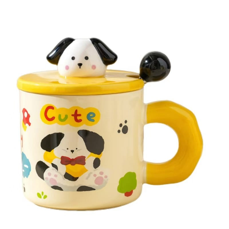 Gorgeous Ins Style Ceramic Mug With Lid Cute Couple Mc- Hooded Puppy Mode 1PC 1 ส่วน