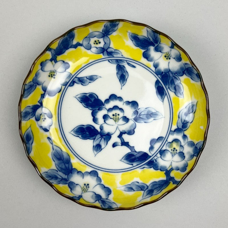 Made-in-Japan Sazanka Yellow & Blue Floral Appetizer Plate 6.6" dia. 1 ส่วน