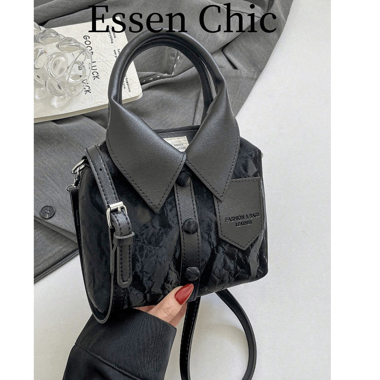 1pc Black Asymmetric PU Leather Handbag, Women's F 1 case