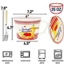 Ceramic Ramen Bowl with Lid, 35OZ Noodle Cup Fork 1 each