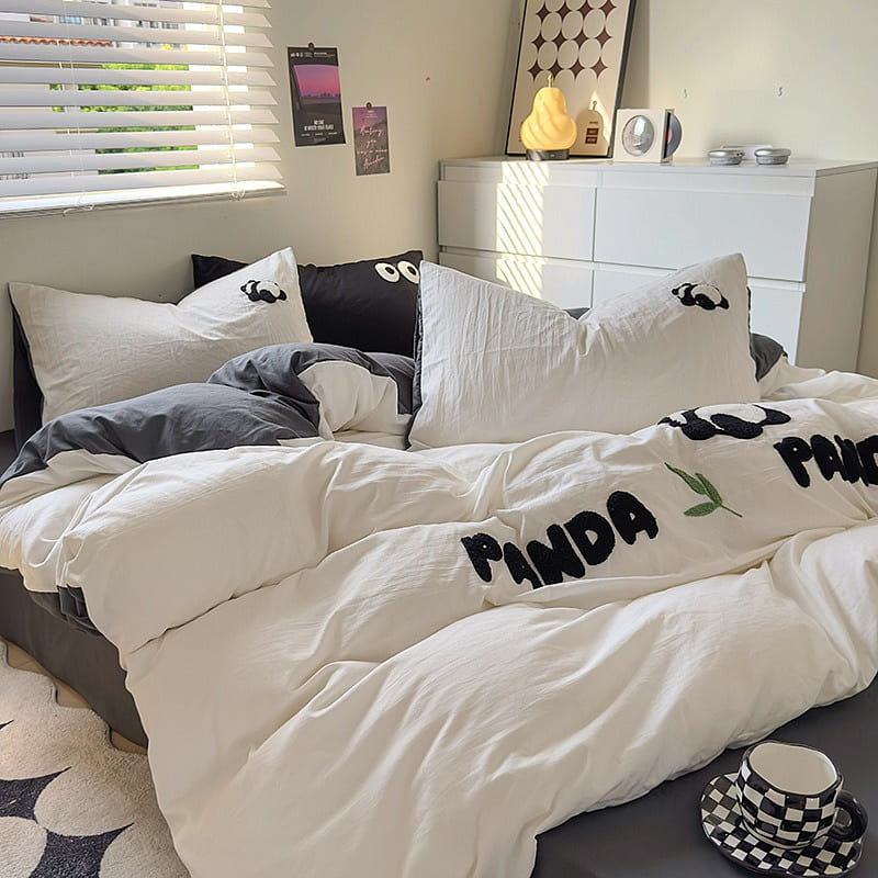 水洗純棉四件套(Queen Size 牀單款) A類母嬰級 被套x1 牀單x1 枕套x2 全棉毛巾繡被套 柔軟親膚 熊貓白灰 1 份