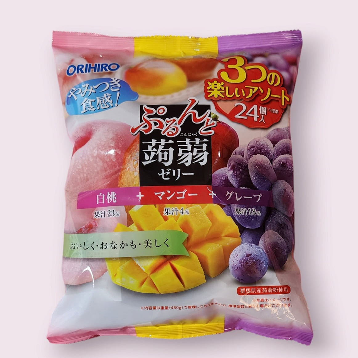 Orihiro Japanese Jelly with 3 Flavors (White Peach + Mango + Grape) (24 Pcs) 480 กรัม