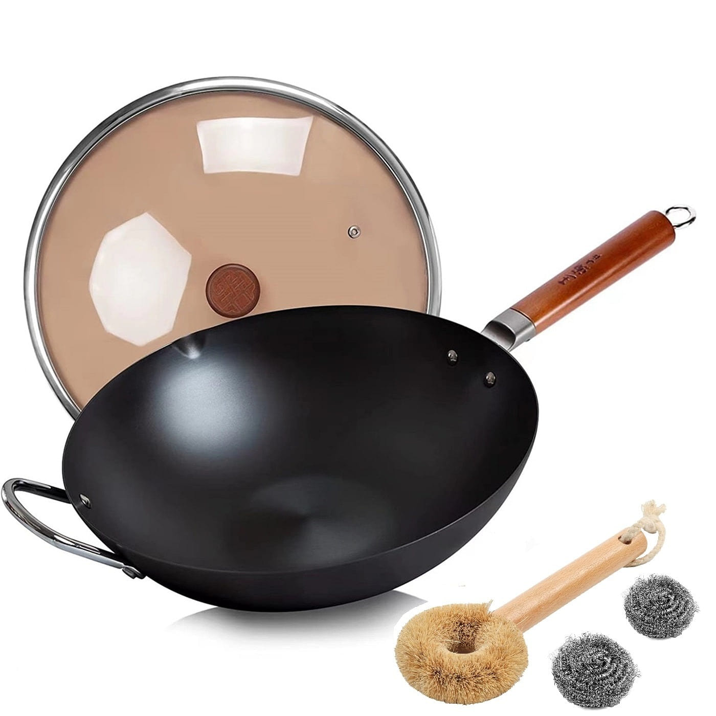34CM WANGYUANJI Carbon Steel Wok Flat Bottom + Set 1 cái