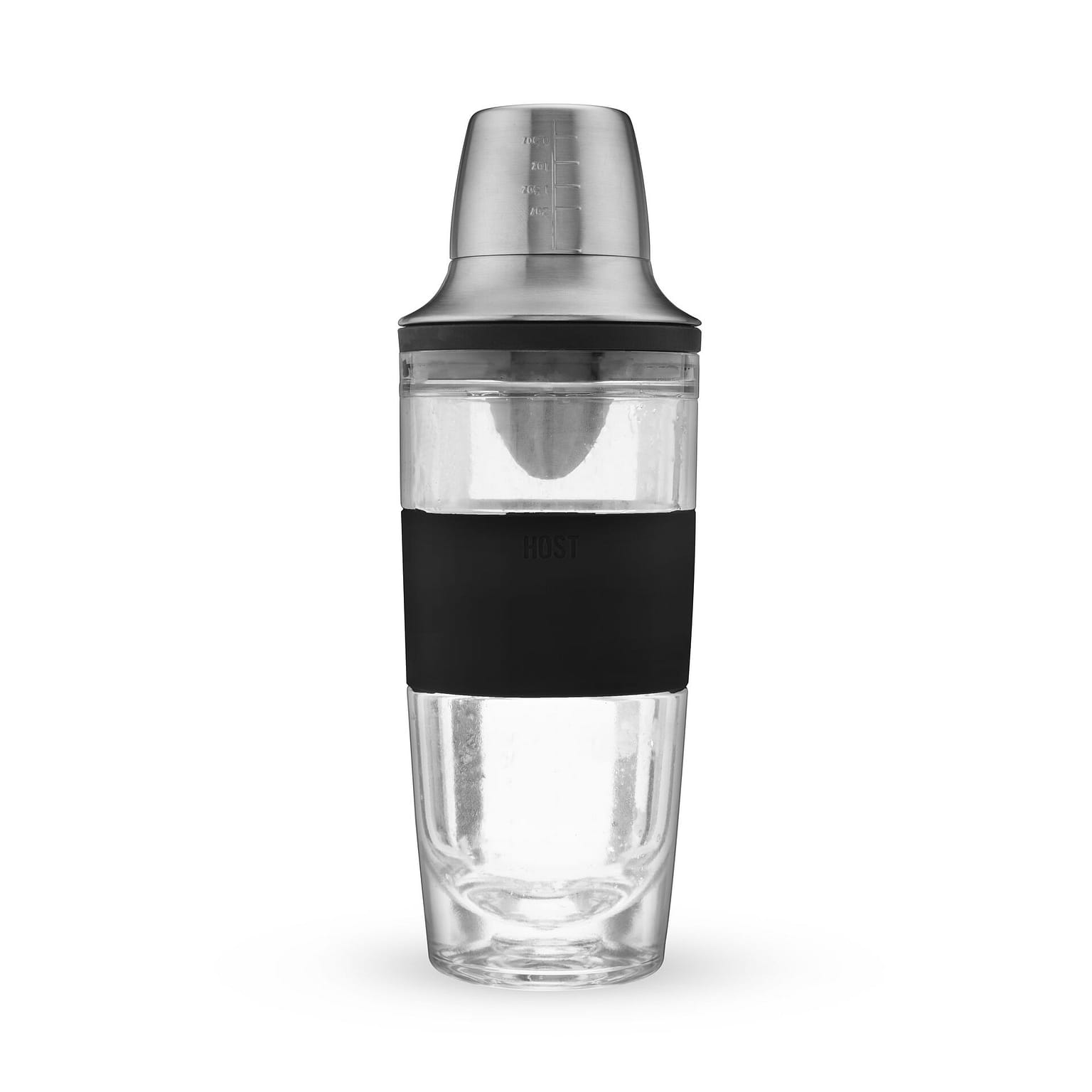 HOST Cocktail Shaker FREEZE Double-Walled Cup with Citrus Reamer, Stainless Steel Jigger Cap, Strainer, and Active Cooling Gel, Black 20 Oz 3-Piece Bar Set 16 oz