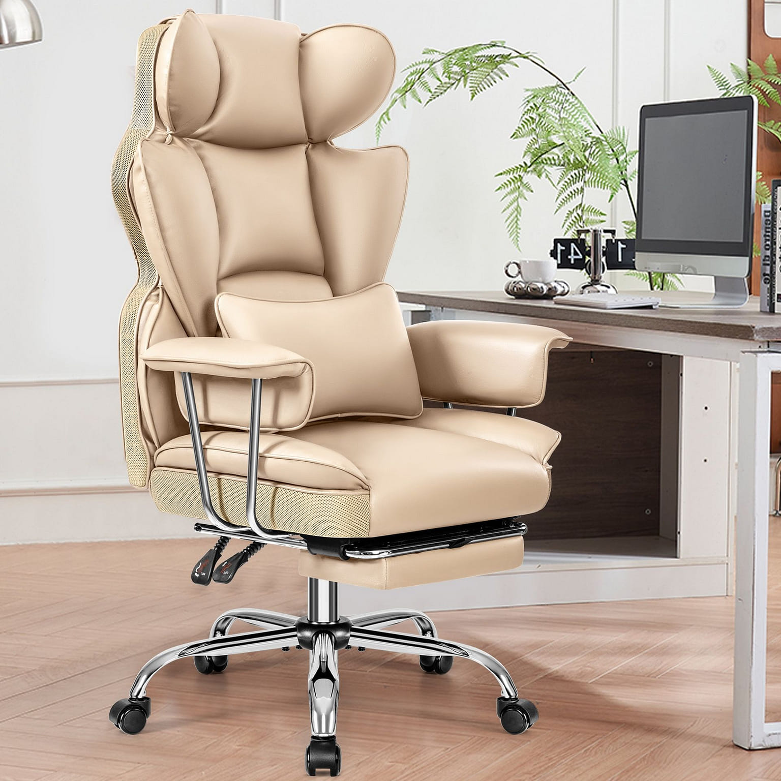 Executive Big Tall PU Leather Chair Footrest Beige 48 lb