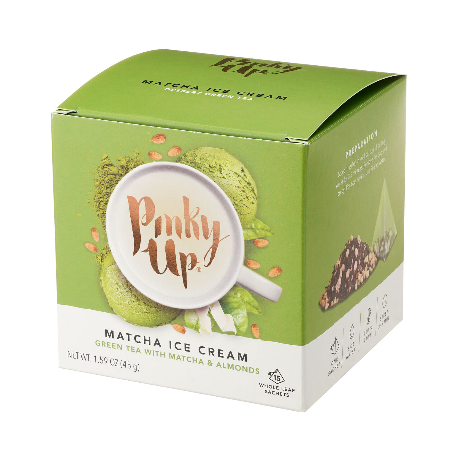 Pinky Up Matcha Ice Cream Pyramid Matcha Green Tea Bags Sachet - 30 mg Caffeine Per Serving, NON-GMO & Gluten Free, Certified Kosher - 15 Biodegradable Whole Green Tea Bag 3 g