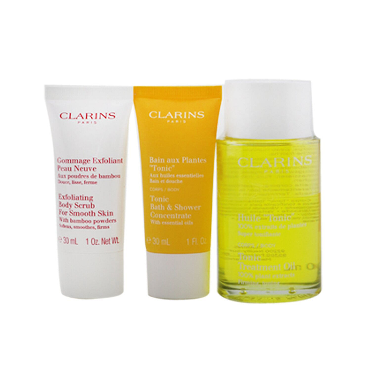 克蘭詩 (嬌韻詩) Tonic Collection: Tonic Body Treatment Oil 100ml+ Exfoliating Body Scrub 30ml+ Tonic Bath &amp; Shower Concentrate 30ml+ Bag  3pcs+1bag 3 克