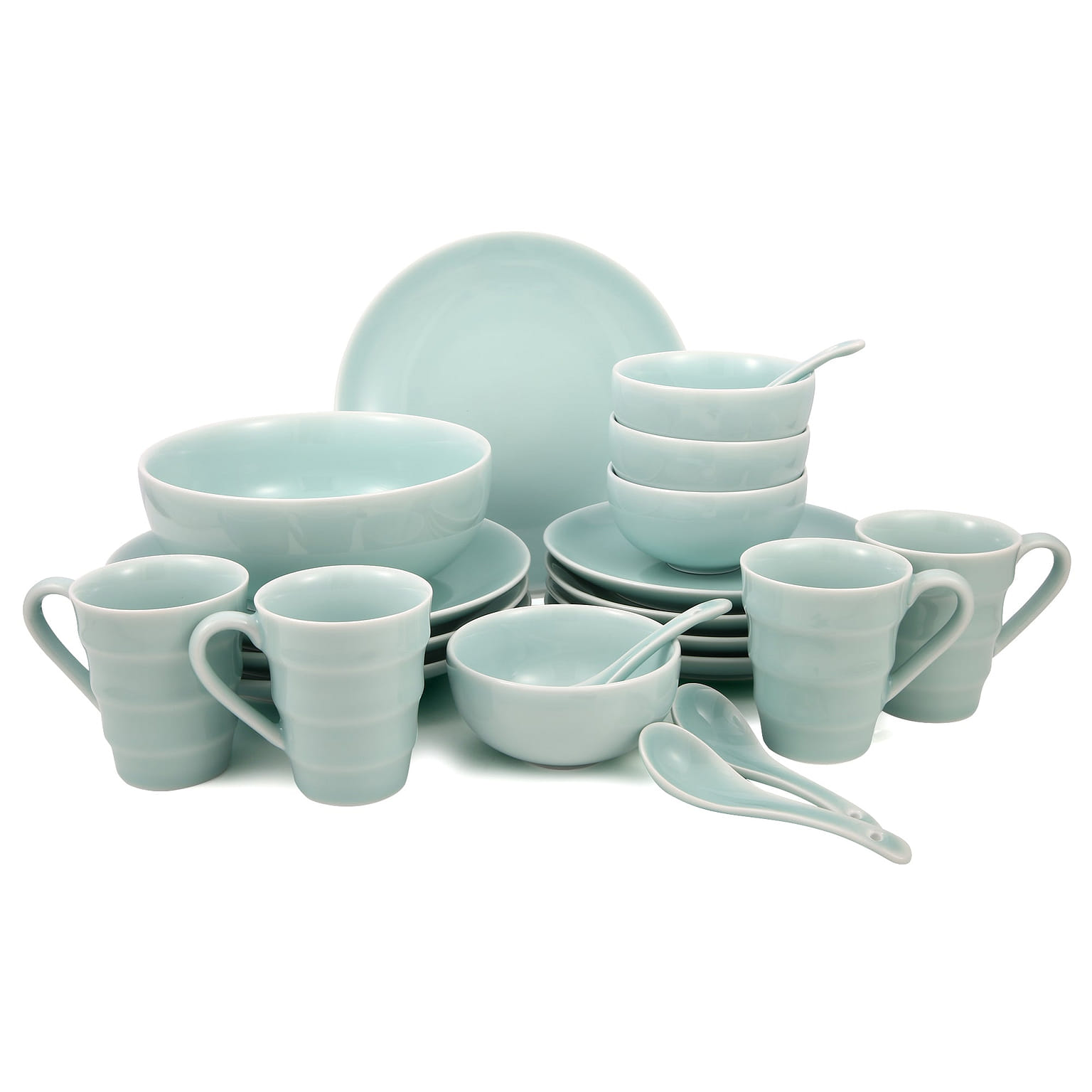 21-Piece Peony Pattern Celadon Kitchen Tableware Set Light Greenish Blue 1 개