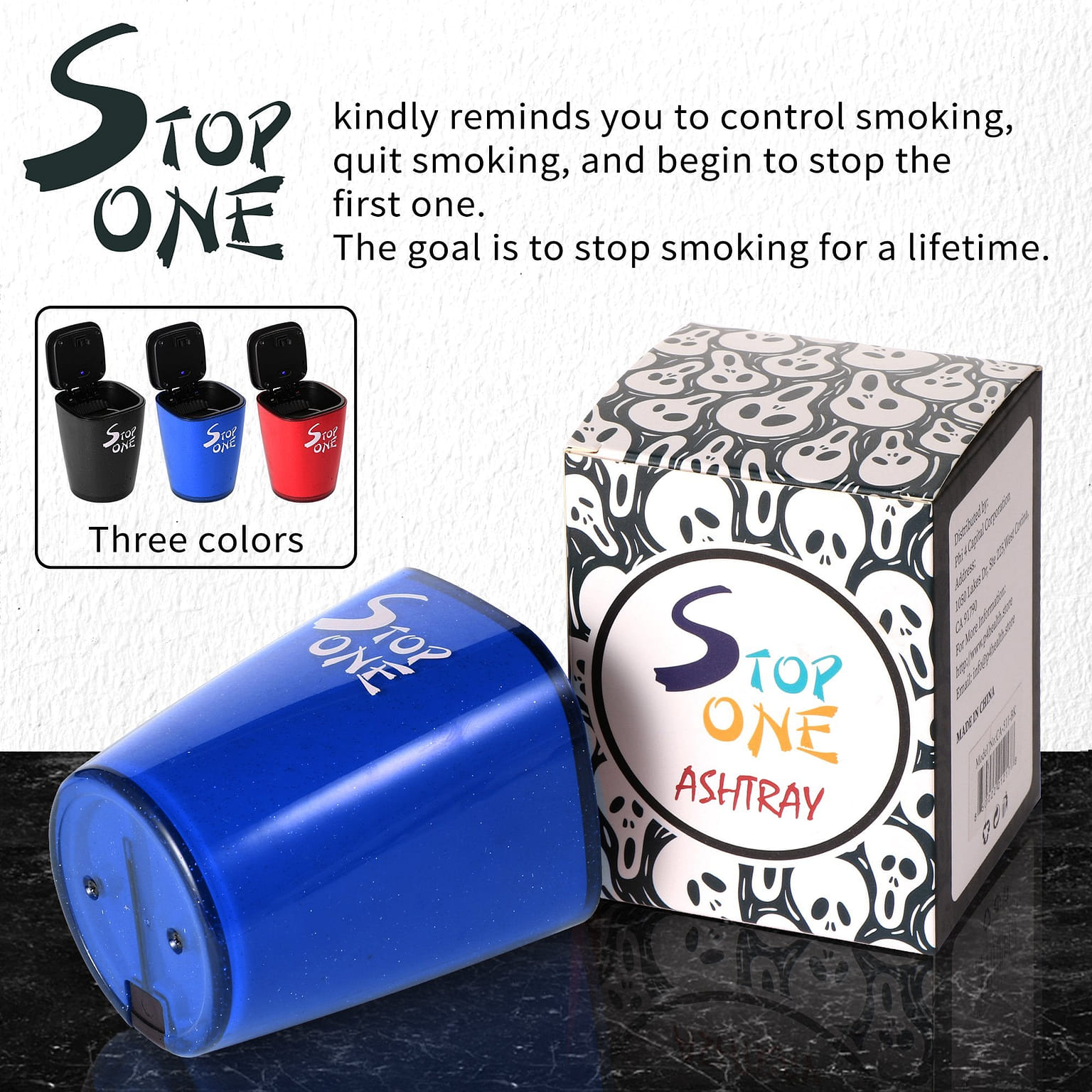 STOP ONE Car Ashtray, Portable Ashtray, CA-521 Auto Ash Tray with Lid and Led, Blue Blue 1 個