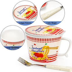Ceramic Ramen Bowl with Lid, 35OZ Noodle Cup Fork 1 each