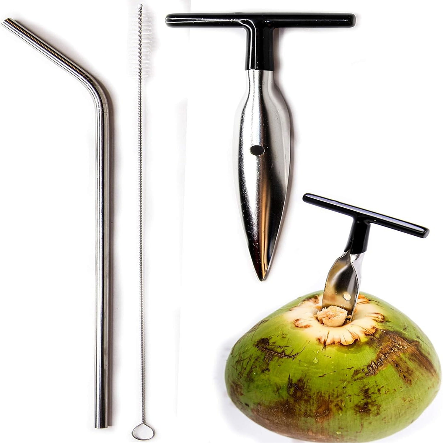 Coconut Opener Tool + Stainless Straw for Fresh GREEN Young Fruit Black Rubber 1 ส่วน