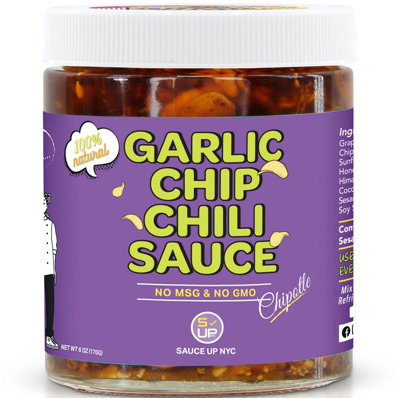 SAUCE UP NYC 100% NATURAL GARLIC CHIP CHILI SAUCE - TOPPING/OIL (CHIPOTLE) 6 온스