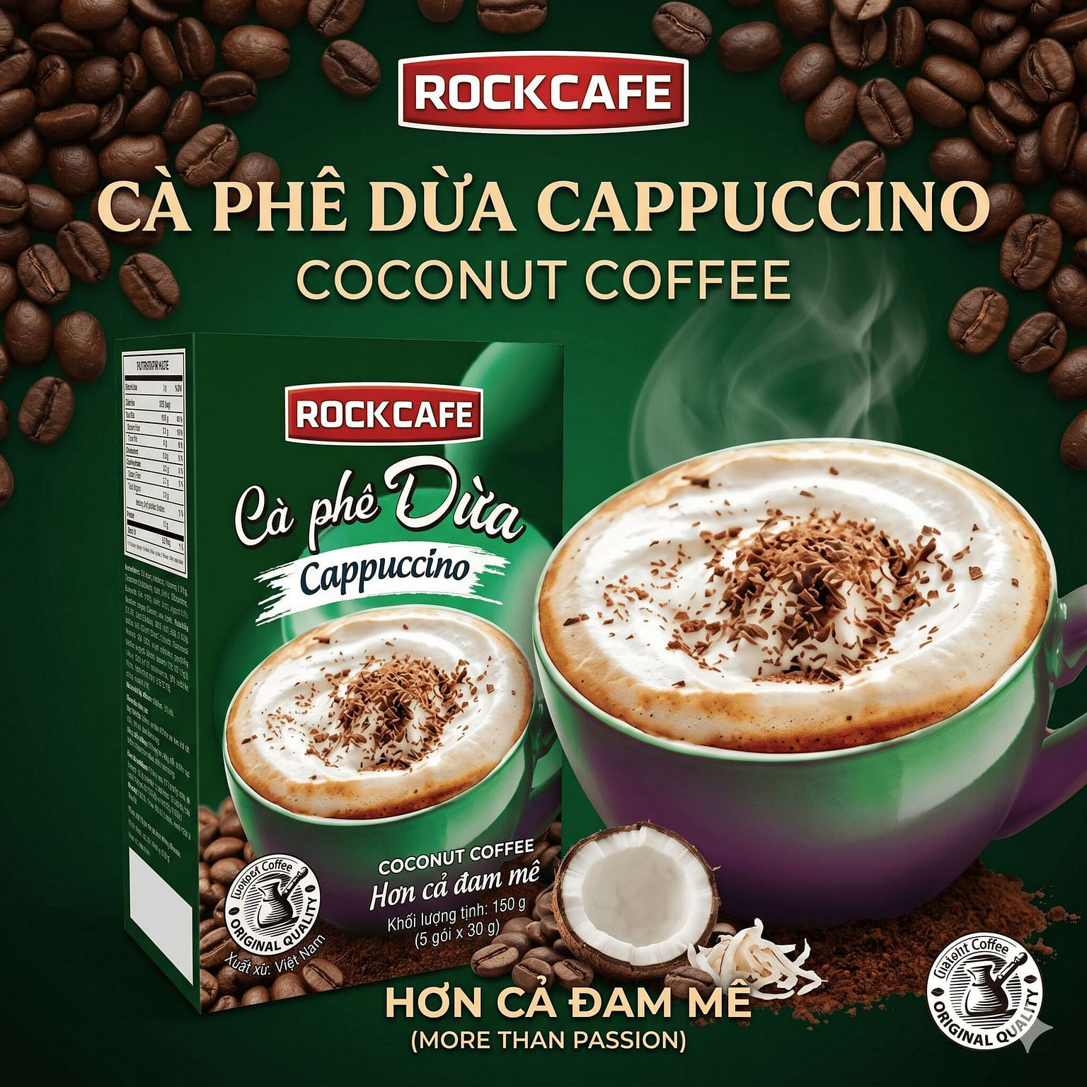 RockCafe Coconut Cappuccino Coffee 150g (5 sticks) 1 box