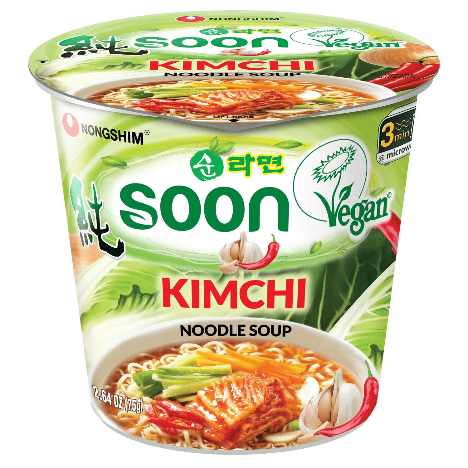 Nongshim Soon Kimchi Instant Vegan Ramen Noodle Soup Mix Real Kimchi Flakes 1 개