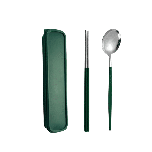 Stainless Steel Portable Cutlery Set of 2 Chopsticks & Spoon Green Silver 1 개