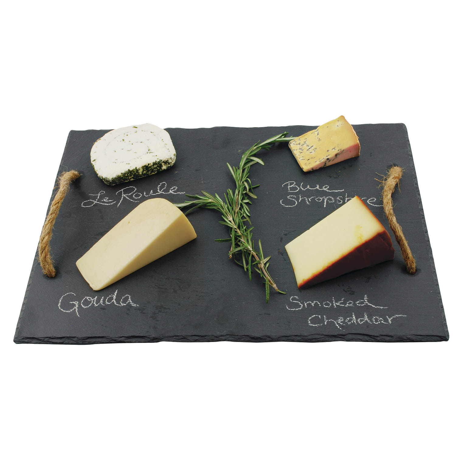 Twine Slate Cheese Board and Chalk Set, Natural Slate with Velvet Backing, Hemp Farmhouse-Style Handles, 15.5" by 12", Gourmet Gift Set 1 ส่วน