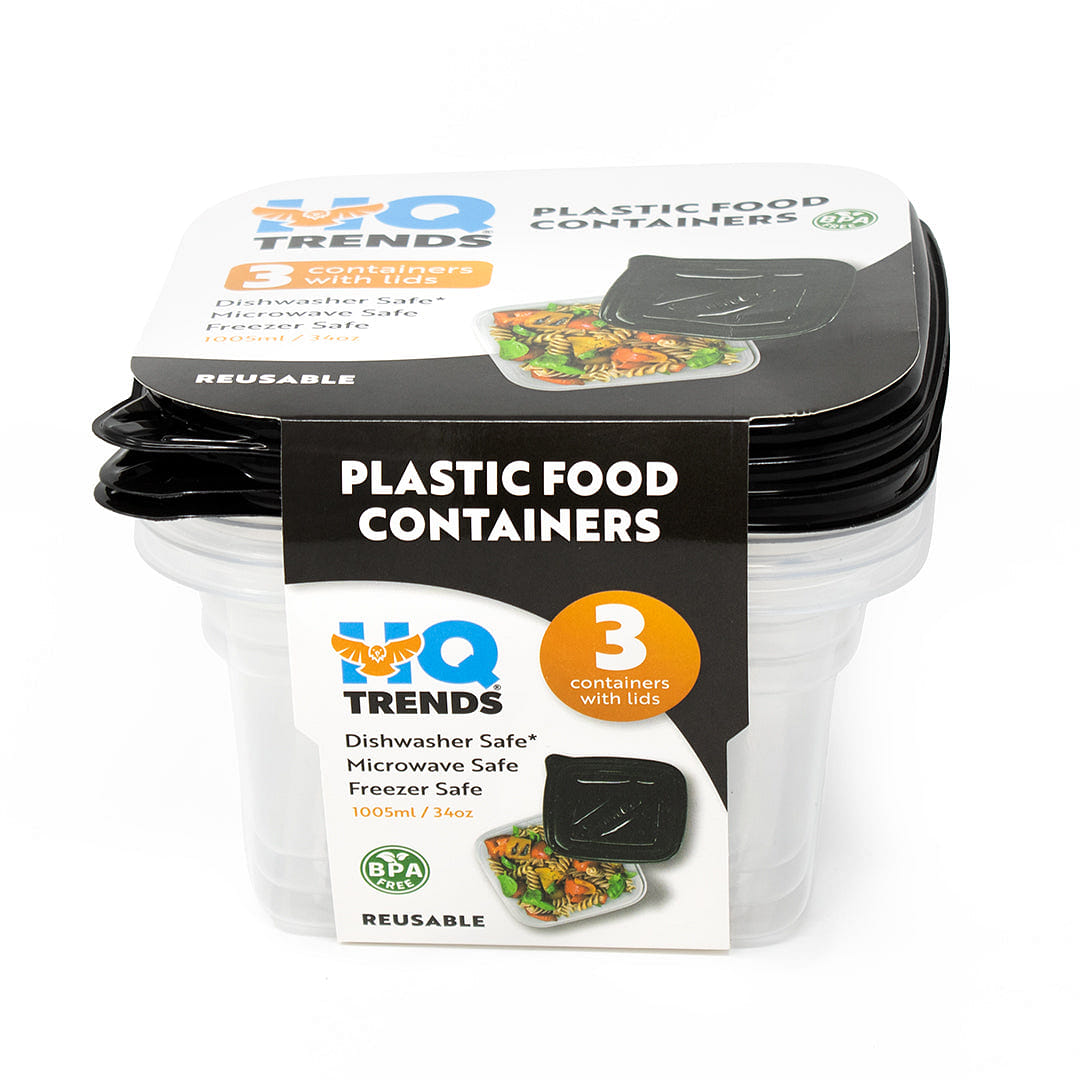 HQ 3-Pack Square Plastic Food Containers with Black Lids of 1000ml, 34oz, Secure Storage Solution for Fresh Meals, Smart Storage Container for Cooked & Raw Food 1 ส่วน